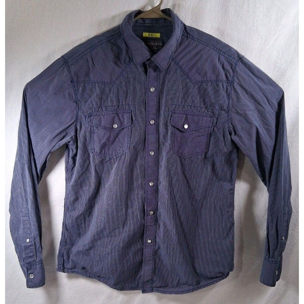 American Rag Mens M Blue White Thin Stripe Western Snap Button Shirt 100% Cotton